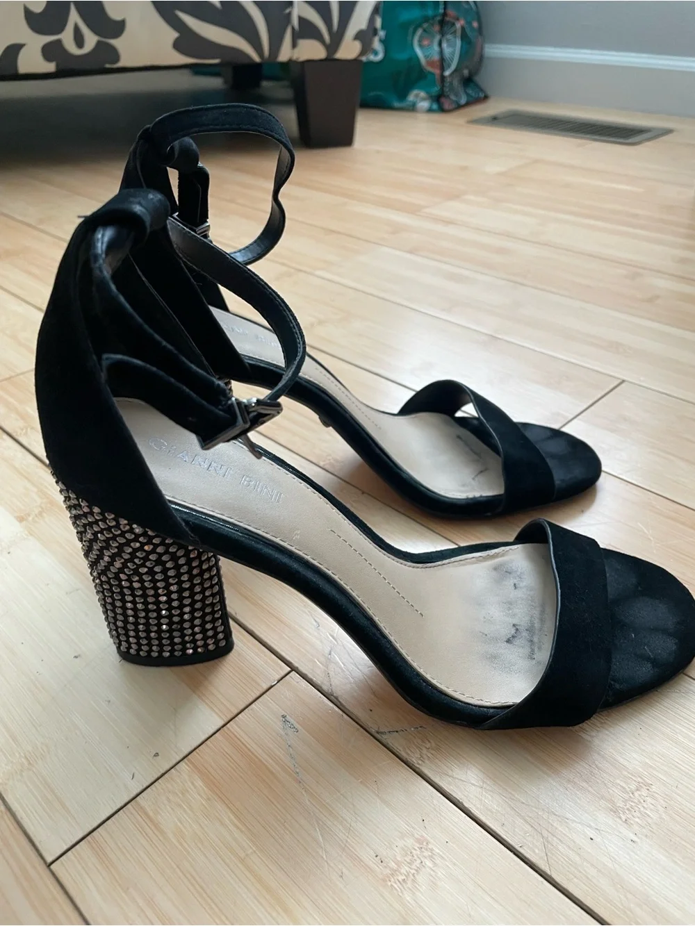 Gianni Bini Black Suede Ankle-Strap Block Heel Sandals with Studded Heel